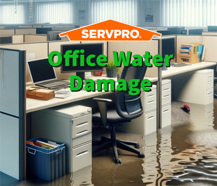 An office with cubicles experiencing water damage.